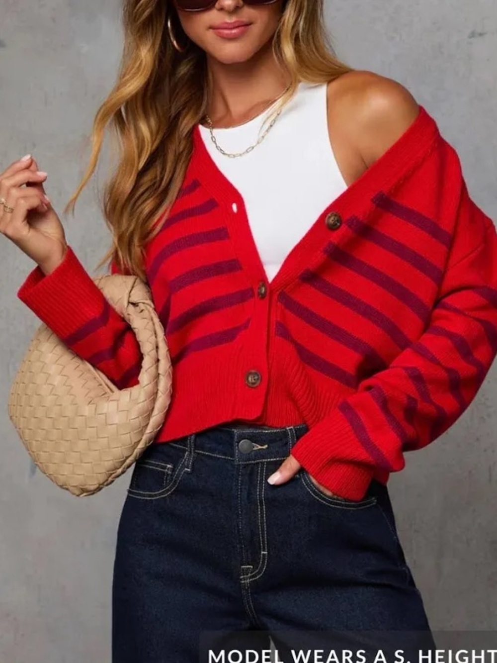 Vici Red and Dark Red Striped V-Neck Button Cardigan